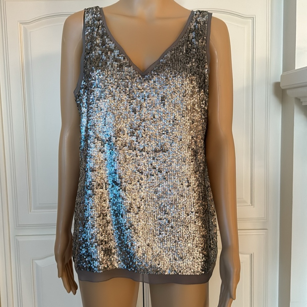 NWT Talbots silver sequined top with grey background in 12